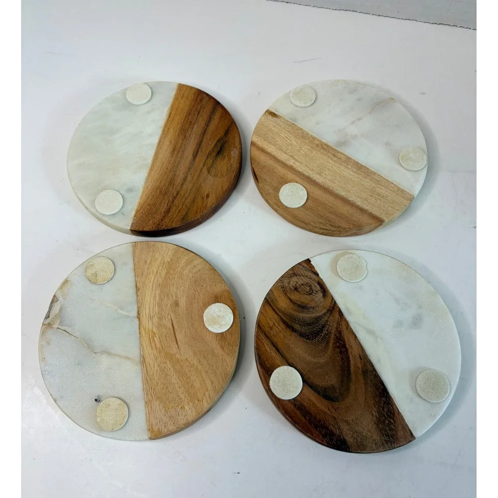 Crate and Barrel Marble Wood Round Coasters Brass Butterfly Inlay Two-Tone